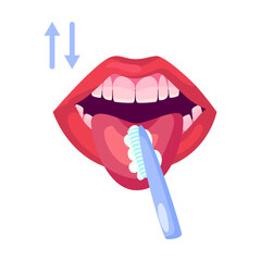 Instruction on how to brush teeth cartoon illustration. Poster with step by step scheme of proper oral cleaning with toothpaste on toothbrush and glass of water. Health care