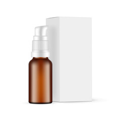 Amber Serum Bottle With Dispenser Pump Cap and Packaging Paper Box, Isolated on White Background. Vector Illustration