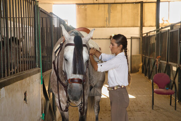 Young beautiful woman adjusting saddle straps and girths of her horse inside a stable. Concept...