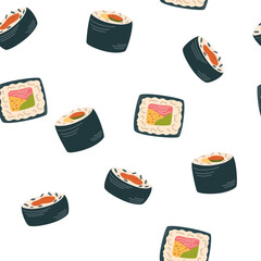 Sushi seamless pattern. Asian food background. Perfect for restaurant cafe and print menus. Vector hand draw cartoon illustration.