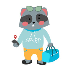 Traveling raccoon in sportswear and gps navigator in paw cartoon vector illustration. Animal with tourist accessories. Travel and adventure concept