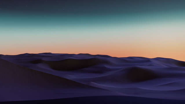 Undulating Sand Dunes form a Surreal Desert Landscape. Sunset Background with Orange Gradient Sky.