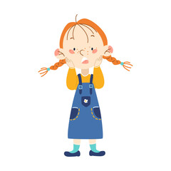 Little girl in denim dress frightened of a bad deed, cartoon vector illustration. Young person with emotion. Teen character avatar isolated on white background
