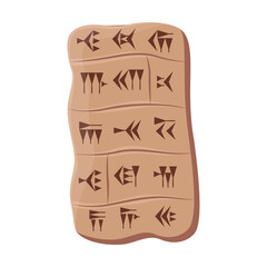 Clay, stone or rock tablet with alphabet of ancient civilization or Mesopotamia on white background. Babylonian or Sumerian script vector illustration. Science concept