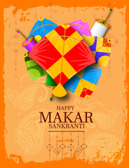 Creative Happy Makar Sankranti Festival Background Decorated with Kites, string for festival of India - 554636775