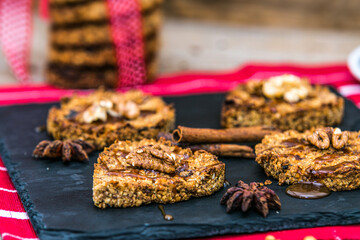 Delicious cookies with honey and nuts. Close up