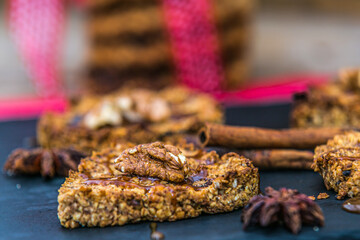 Delicious cookies with honey and nuts. Close up
