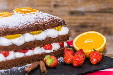 Delicious sweet dessert with fresh fruits. Close up