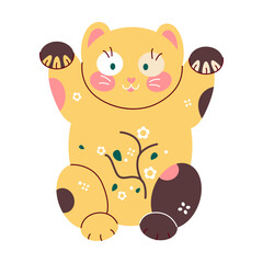 Maneki neko in clothes lifted paws up cartoon vector illustration. Funny Japanese fortune cat isolated on white background. Traditional Asian toy concept