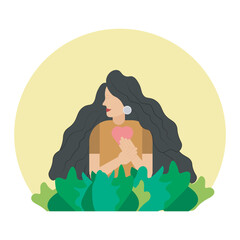 Woman with hand on kind heart, feeling self love. Colored flat vector illustration