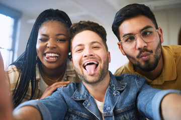 Comic, selfie and portrait of friends at university with funny face expression in humor, fun and crazy picture. Education, diversity and happy group of students at college, school and academic campus