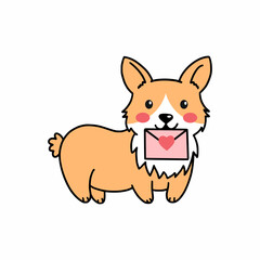 Cute corgi dog holds an envelope with heart. Valentine's day sticker. Puppy. Pet. Hand drawn illustration.