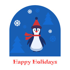 Vector illustration of a penguin in a hat with a Christmas tree and snowflakes in an abstract style. Universal artistic template for design, banner, poster, flyer, greeting card, invitation.