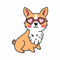 Cute corgi dog with glasses. Puppy in love. Hand drawn illustration. Sticker for Valentine's Day. Postcard decor element.