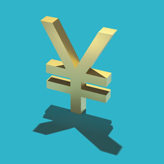 Gilded yen symbol with hard shadow on blue background - blank for seamless graphic pattern. 3D rendering. Finance concept. Layout