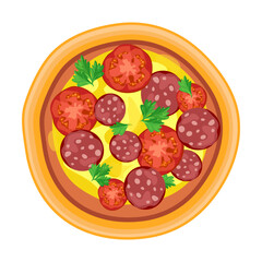Pizza top view cartoon illustration. Margherita, pepperoni, seafood, vegetarian, Hawaiian. Pizza with sausage and tomato. Traditional Italian food concept