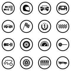 Car Racing Icons. Black Flat Design In Circle. Vector Illustration.