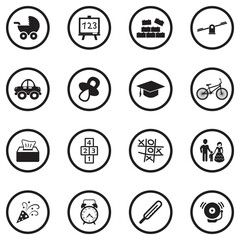 Childhood Icons. Black Flat Design In Circle. Vector Illustration.