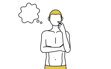顔をかきながら考える下着姿の男性、脱毛やメンズエステのイメージ