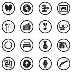 Collecting And Hobby Icons. Black Flat Design In Circle. Vector Illustration.