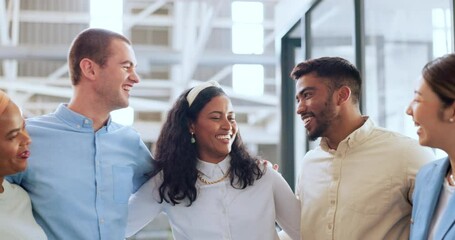 Office, diversity and business people hug for team building, teamwork and collaboration. Happy workers, smile and embrace in motivation, goals or vision of about us, company trust and startup growth