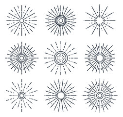 Obraz premium Rising sun sunburst light elements. Sunrise abstract hand drawn frames, doodle sunlight flat vector symbols illustration set on white background
