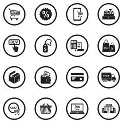 Commerce Icons. Black Flat Design In Circle. Vector Illustration.