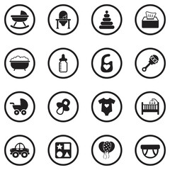Baby Stuff Icons. Black Flat Design In Circle. Vector Illustration.
