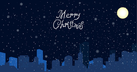 Fototapeta premium Night cityscape Christmas background with falling snow, and lights. The city in the winter during the night