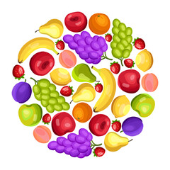 Circular pattern with different fruits vector illustrations set. Collection of cartoon drawings of grapes, bananas, apples, strawberries, lemons, pears on white background. Nature, food, diet concept
