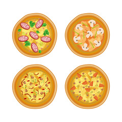 Tasty pizzas with different ingredients vector illustrations set. Top view of pizzas with different toppings, salami, meat, mushrooms isolated on white background. Fast food, diet concept
