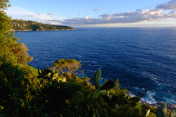 Panoramic view of the coast sea from the mountains, seascape. Coast of the sea and the lighthouse, landscape, Nice, France.
