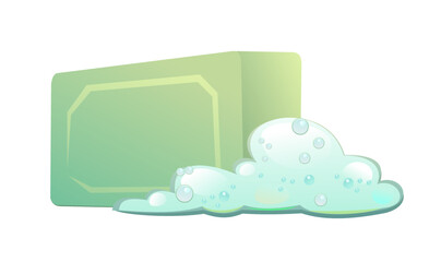 Soaps with foam. Still life. Detergent for washing body and objects. Foaming hygiene liquid. Isolated on white background. Vector.