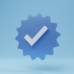 Profile verification check mark social media icon. Blue verified badge with checkmark sign isolated on blue background. 3D illustration