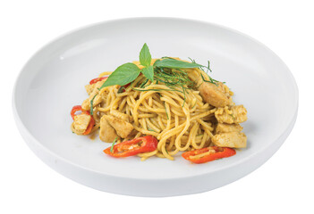 Png Green curry spaghetti with chicken in a white plate placed