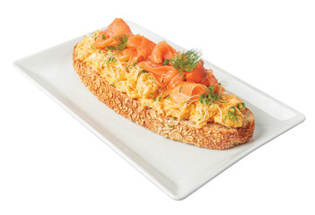 Png Open faced sandwich or French tartine with smoked salmon and eggs, laid on a white plate