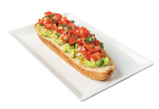Png Open faced sandwiches with avocado spread, sunflower kernels, slices of tomato and diced chives, laid out on a white serving platter.