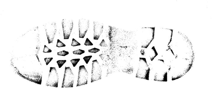 Shoe print, silhouette on snow, isolated, distressed, uneven. Vector print texture. Design element. Dirt splash grunge texture