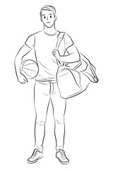 full length casual young man with basketball outline cartoon illustration