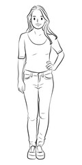 full length young casual girl outline cartoon illustration
