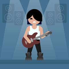 Man with a guitar performs on stage. Flat design. Vector illustration