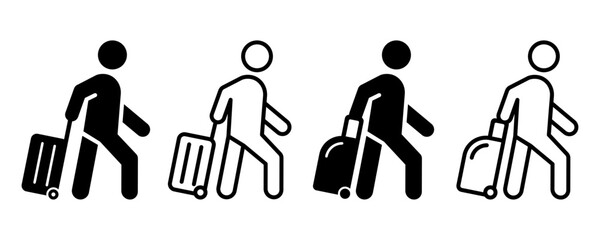 Passenger with suitcase. Man pulling bag vector icons set. Traveling icon. Vector 10 Eps.