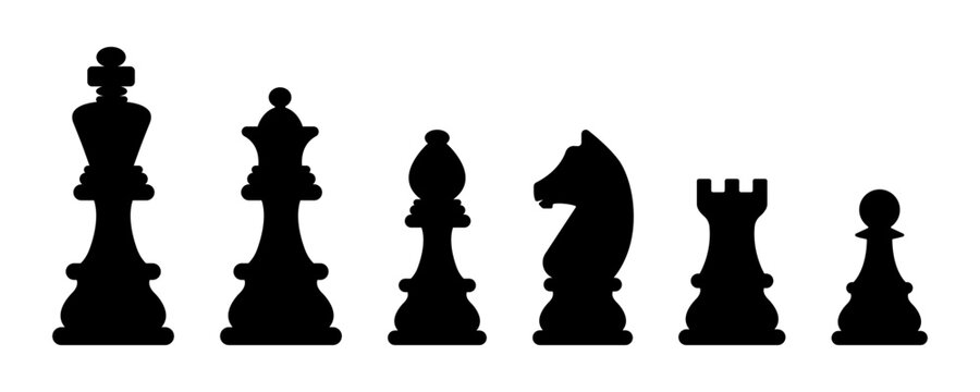 Set of chess vector icons. Black silhouette with chess. King, queen, pawn, horse and rook. Vector 10 Eps.