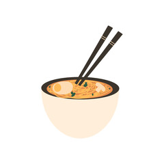 Ramen noodle soup with champignons. Japanese popular dish. Vector illustration