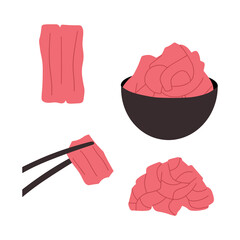 Set of pink pickled ginger for sushi, Asian cuisine. Vector illustration in cartoon style