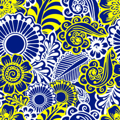 seamless floral graphic pattern of white and yellow elements on a blue background, texture, design
