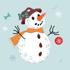 Funny snowman in hat with Christmas ball, flat vector illustration isolated on background. Design element for Christmas and New Year cards, posters and invitations.