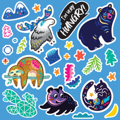 Lovely collection of blue stickers. Fantasy cartoon animals and creatures vector illustration