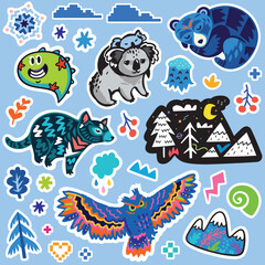 Collection of blue stickers. Fantasy cartoon animals and creatures vector illustration