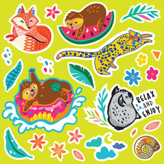 Lovely collection of yellow and orange stickers. Fantasy cartoon animals and creatures vector illustration